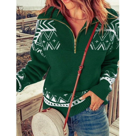 Nordic Print White Thick Knit Pullover Sweater Zip Collar - Picture 9 of 9